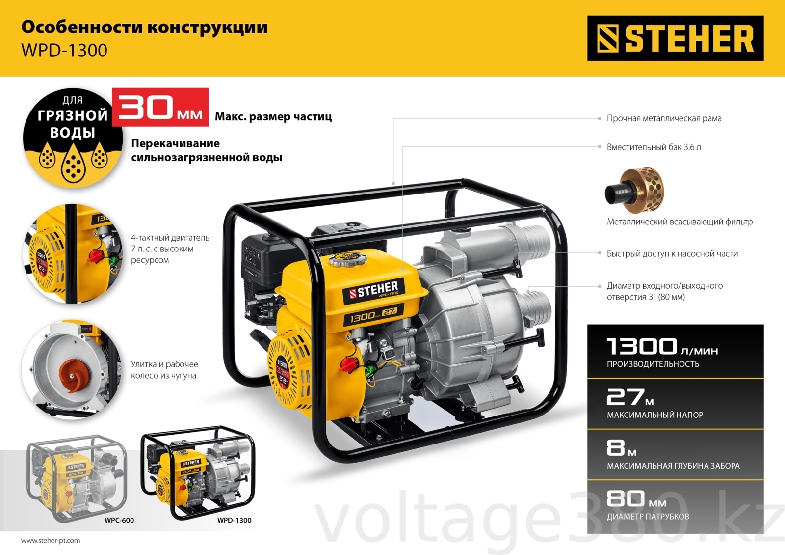 Мотопомпа бензиновая для грязной воды WPD-1300 Steher