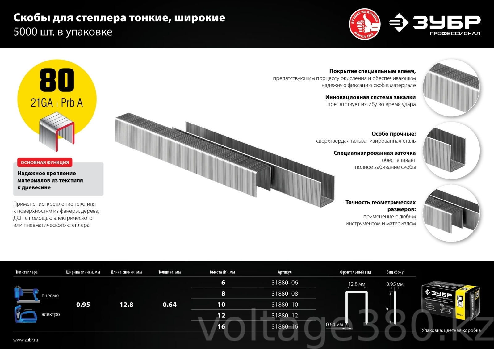 Скобы для электро и пневмо степлера тонкие, широкие, особотвердые тип 80, 5000 шт ЗУБР 12мм