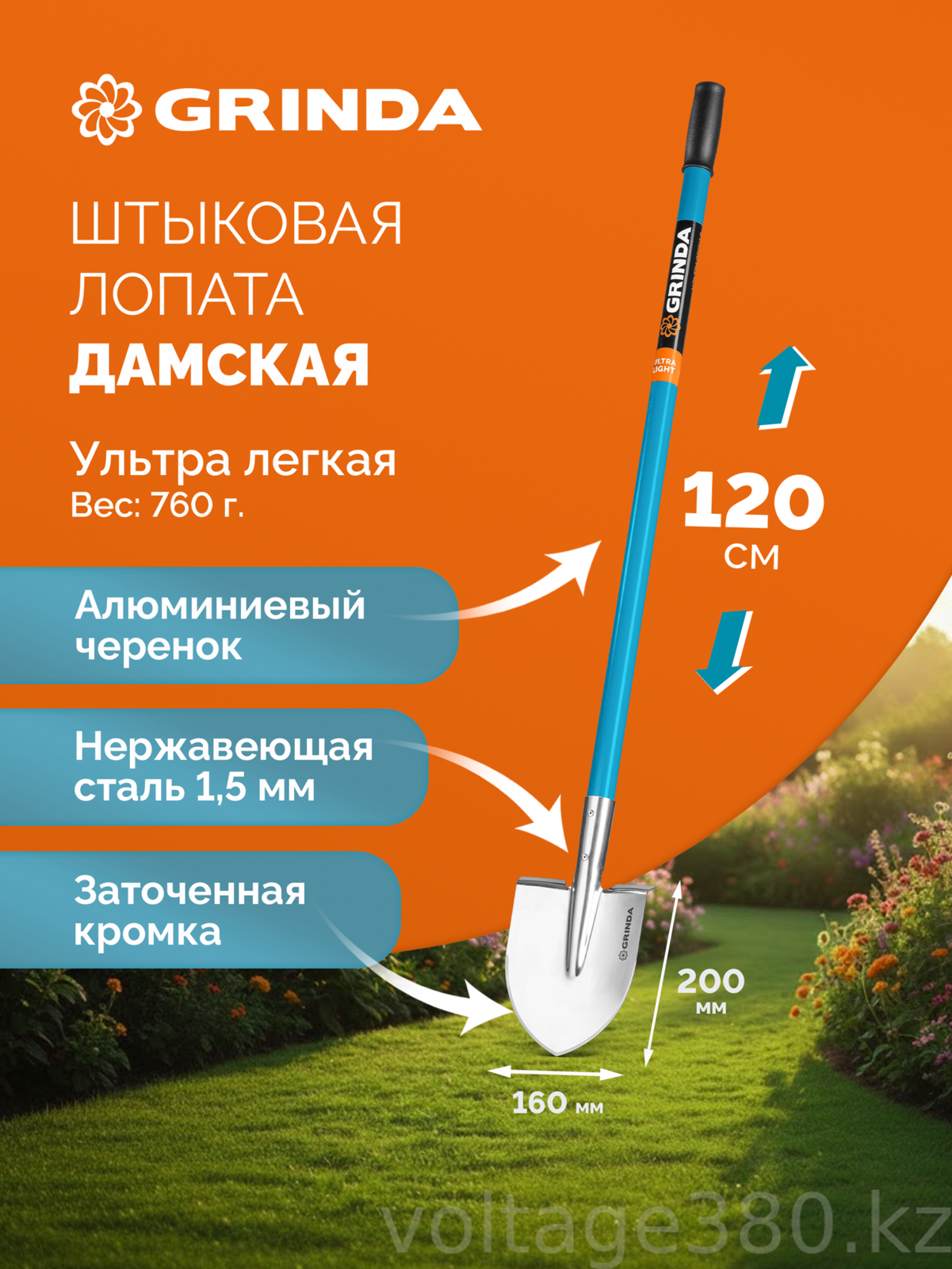 Лопата дамская штыковая остроконечная, GRINDA WS-2 200х160х1200мм, алюминиевый черенок, PROLine (421827)