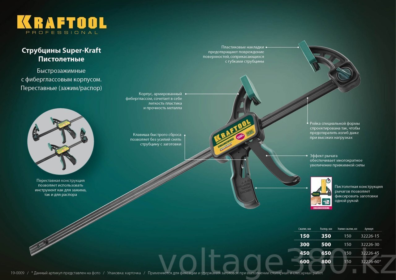 Струбцина "EcoKraft" ручная пистолетная, KRAFTOOL 32226-60, пластиковый корпус, 600/800мм, 150кгс