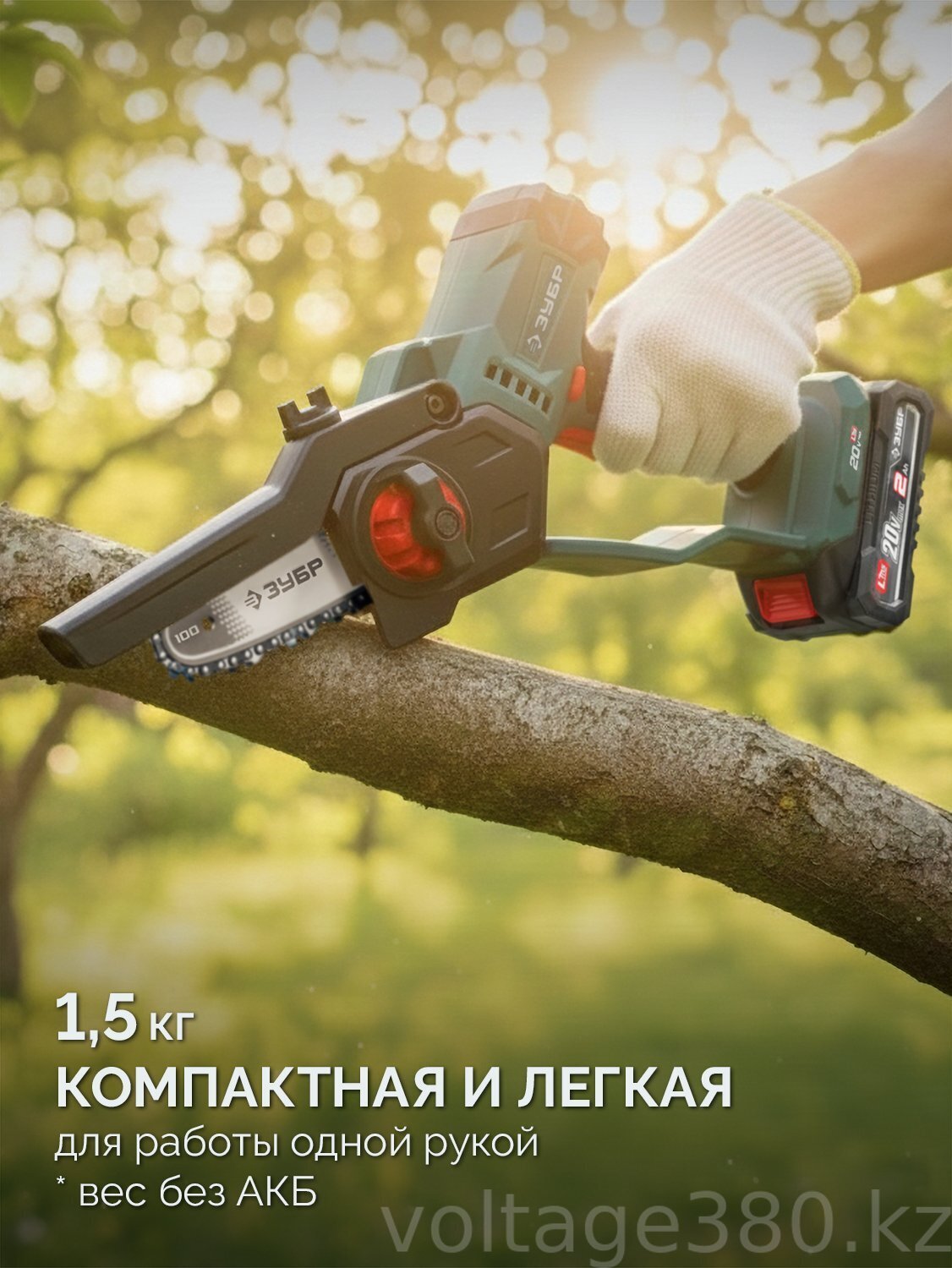 Мини-пила цепная аккумуляторная ЗУБР 20 В, 100 мм шина (Тип 23), 1 АКБ LMS (2 Ач),  (ПЦА-2010-21)