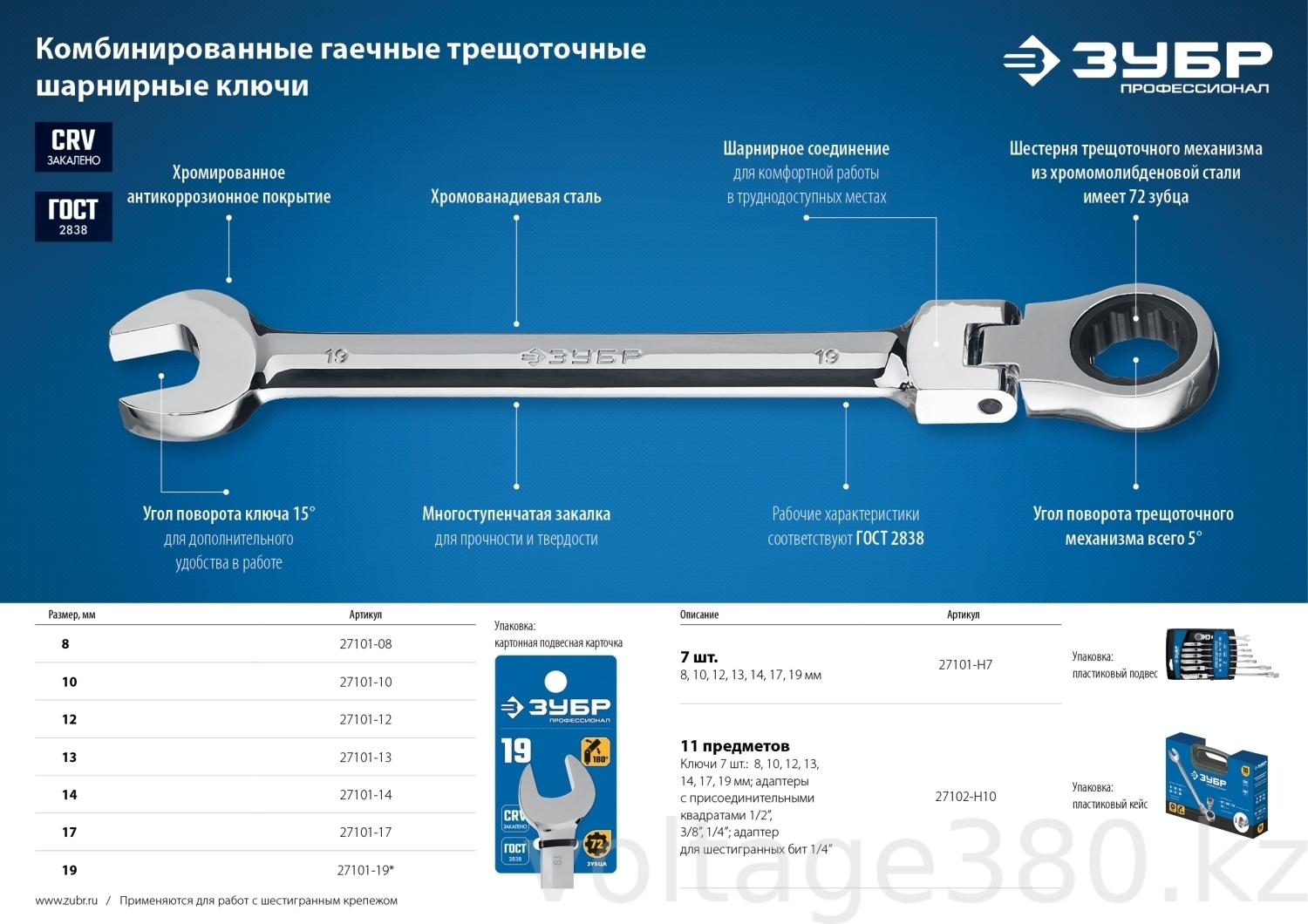 Наборы трещоточных комбинированных ключей шарнирных Зубр